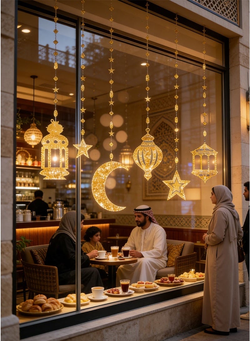 زينة رمضان، زينة رمضان معلقة على شكل قمر لامع ونجمة، لافتة خلفية على شكل فانوس، زينة حفلات رمضان للمنزل وغرفة المعيشة وغرفة النوم - Image 2